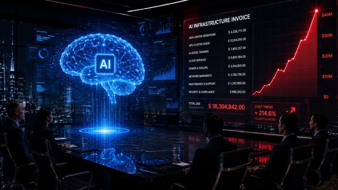 A corporate boardroom showing a spiking digital expense graph next to a glowing AI hologram, illustrating the rising cost of AI in business.