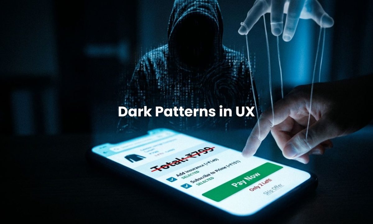 A cinematic image showing a shadow manipulating a user's finger on a smartphone checkout page, illustrating dark patterns in UX.
