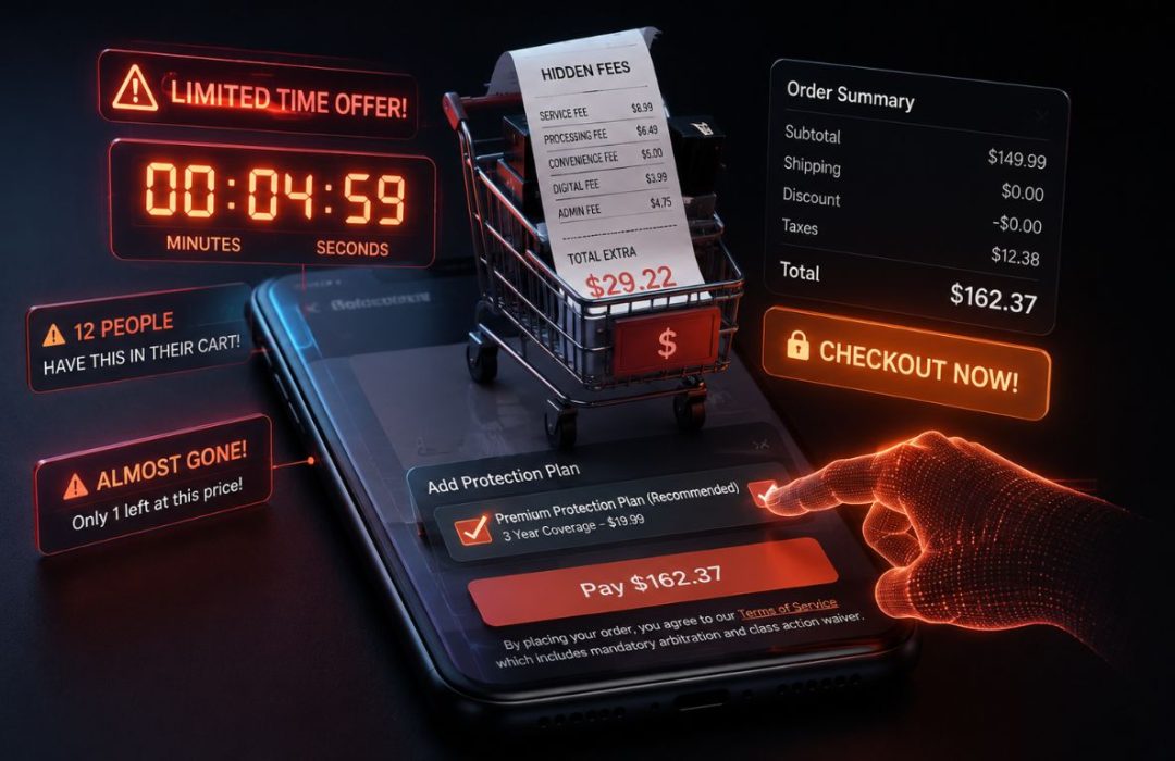 A digital illustration of a smartphone app using a countdown timer and hidden fees to demonstrate manipulative dark patterns in e-commerce.
