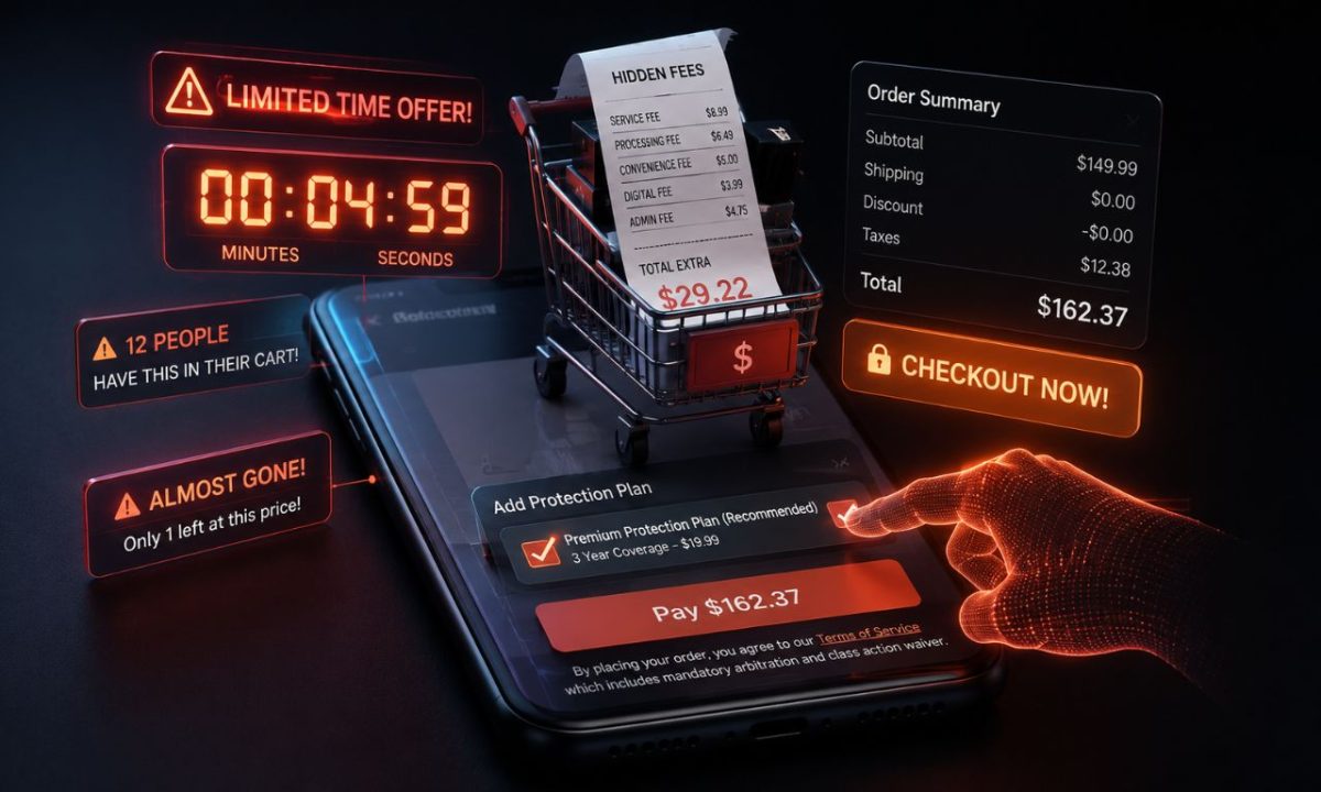 A digital illustration of a smartphone app using a countdown timer and hidden fees to demonstrate manipulative dark patterns in e-commerce.