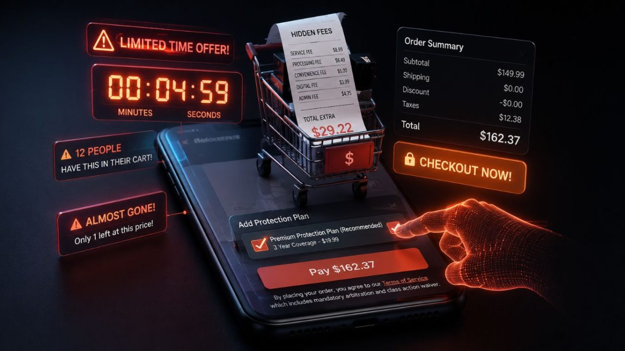 A digital illustration of a smartphone app using a countdown timer and hidden fees to demonstrate manipulative dark patterns in e-commerce.