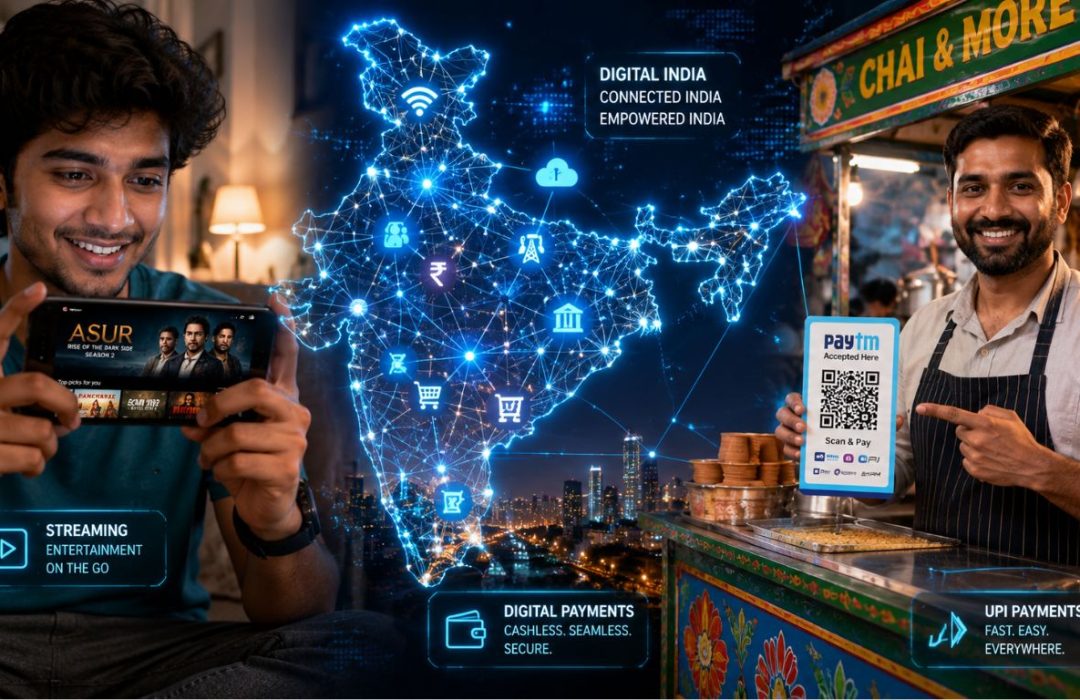 A colorful lifestyle collage representing the streaming, scrolling, and payment habits of daily internet users in India.