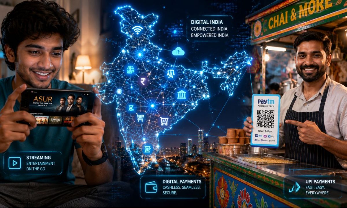 A colorful lifestyle collage representing the streaming, scrolling, and payment habits of daily internet users in India.