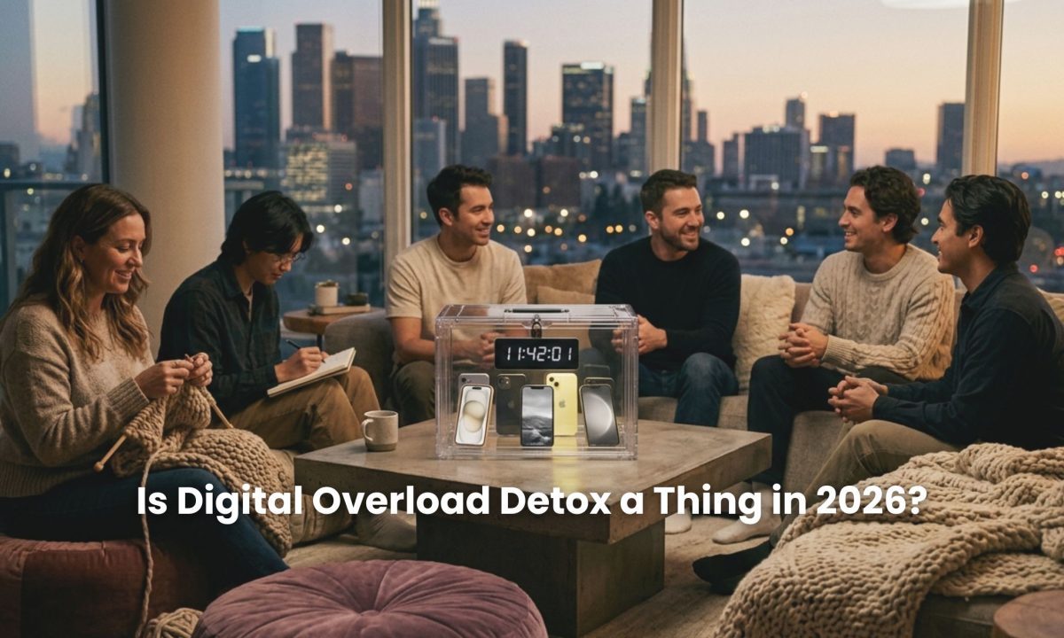 A cinematic wide-angle shot of people happily engaging in analogue activities, while their phones are securely locked in a transparent, timed container as part of a collective digital overload detox.
