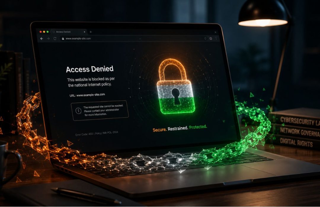 A sleek modern laptop displaying a blocked website message and a digital padlock, illustrating the realities of website bans and internet censorship in India.