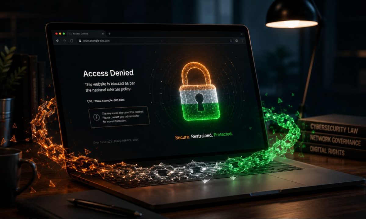 A sleek modern laptop displaying a blocked website message and a digital padlock, illustrating the realities of website bans and internet censorship in India.