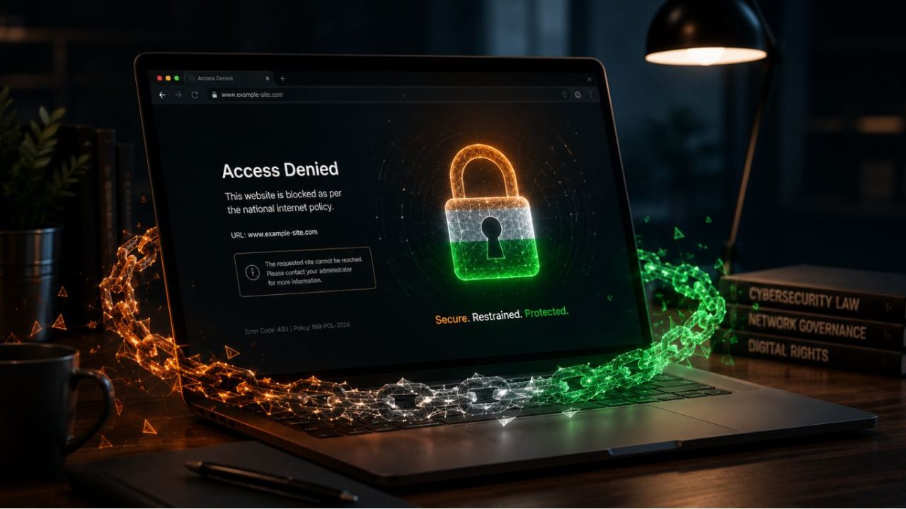 A sleek modern laptop displaying a blocked website message and a digital padlock, illustrating the realities of website bans and internet censorship in India.