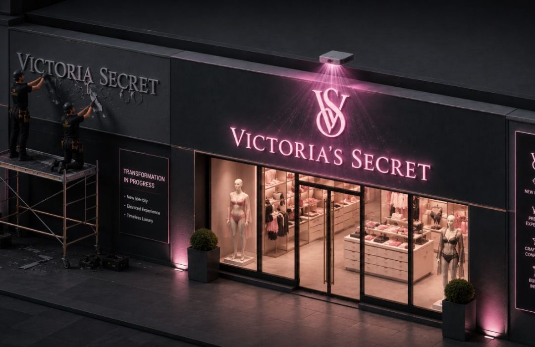 An architectural visualization of a retail brand storefront undergoing a luxury identity change, illustrating rebranding strategy steps.