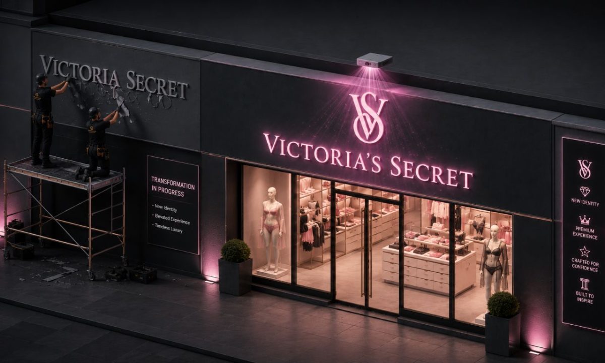 An architectural visualization of a retail brand storefront undergoing a luxury identity change, illustrating rebranding strategy steps.