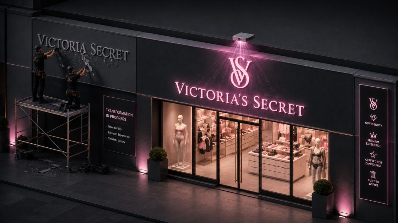 An architectural visualization of a retail brand storefront undergoing a luxury identity change, illustrating rebranding strategy steps.