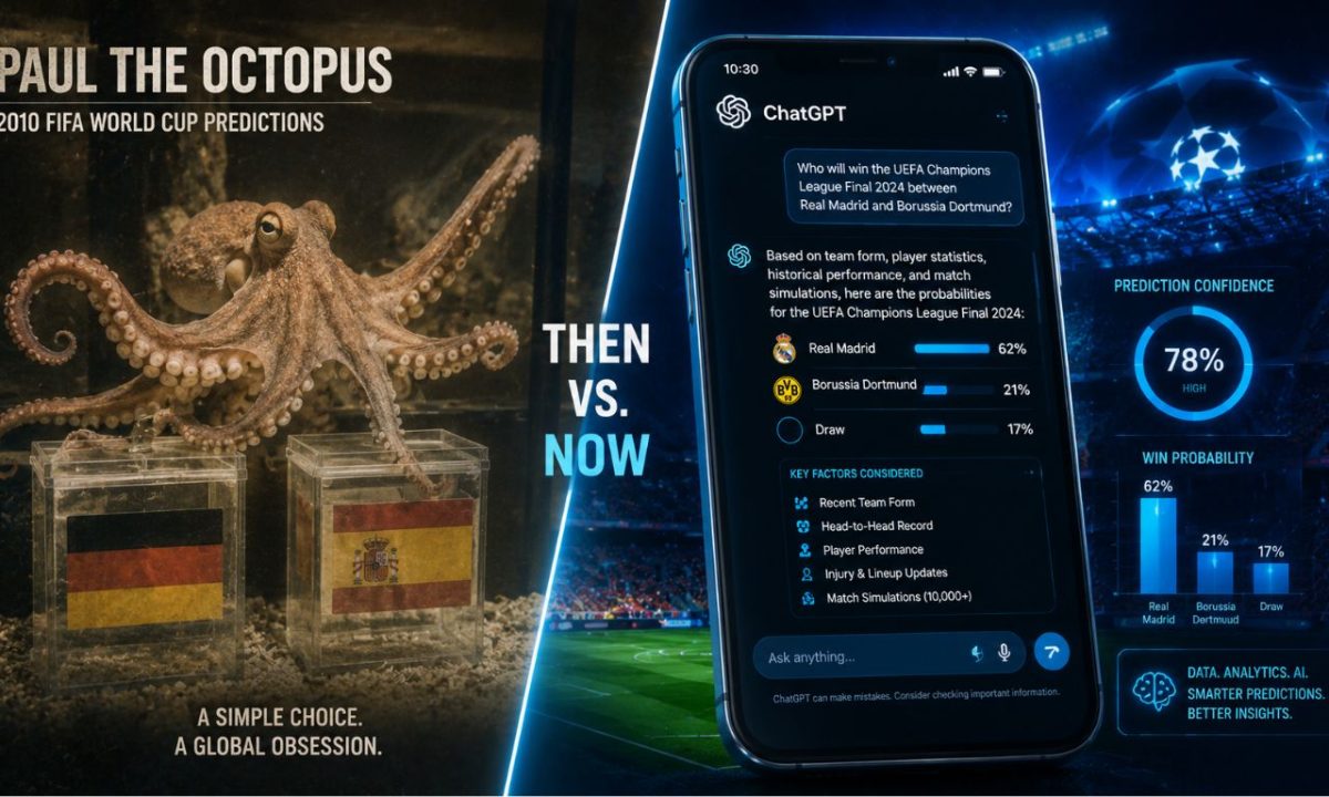 A side-by-side conceptual image of Paul the Octopus and a modern smartphone interface displaying an AI sports prediction chat query.