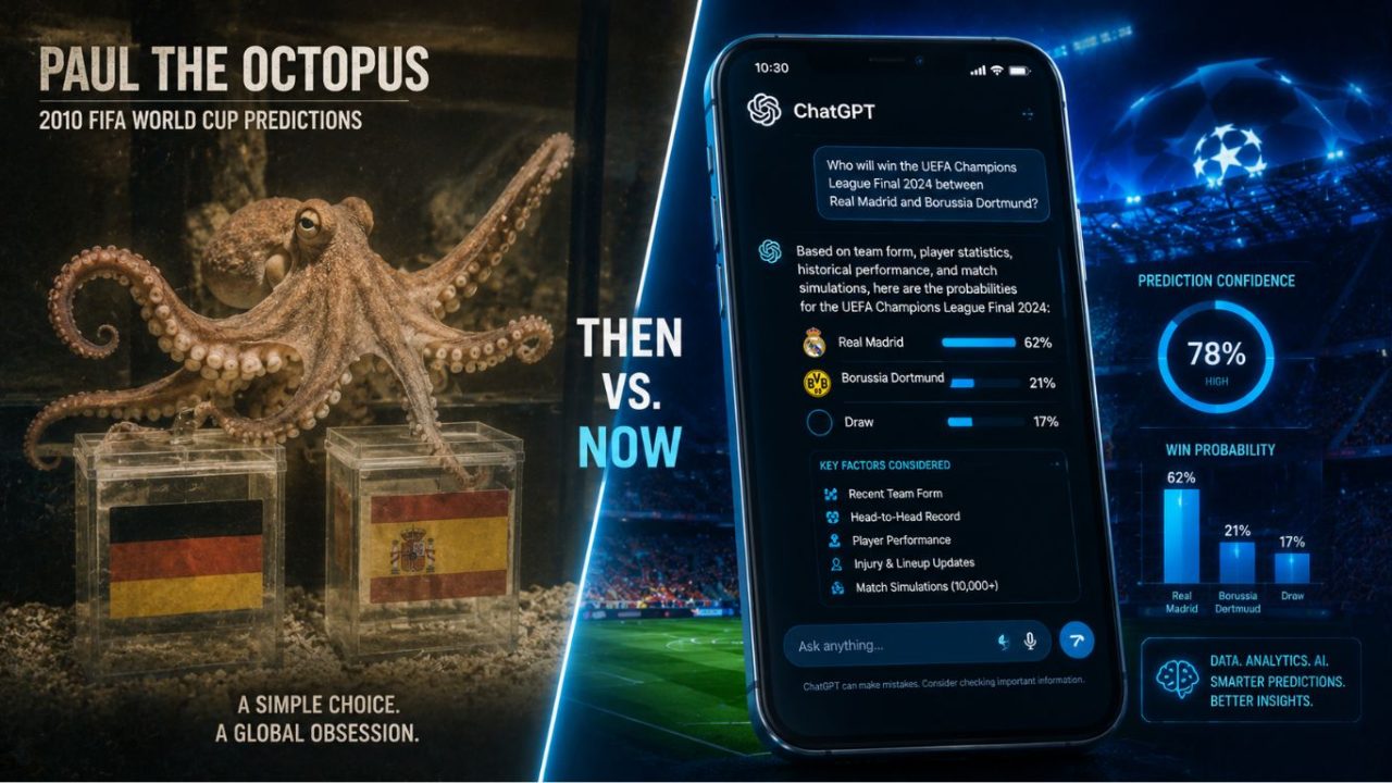 A side-by-side conceptual image of Paul the Octopus and a modern smartphone interface displaying an AI sports prediction chat query.