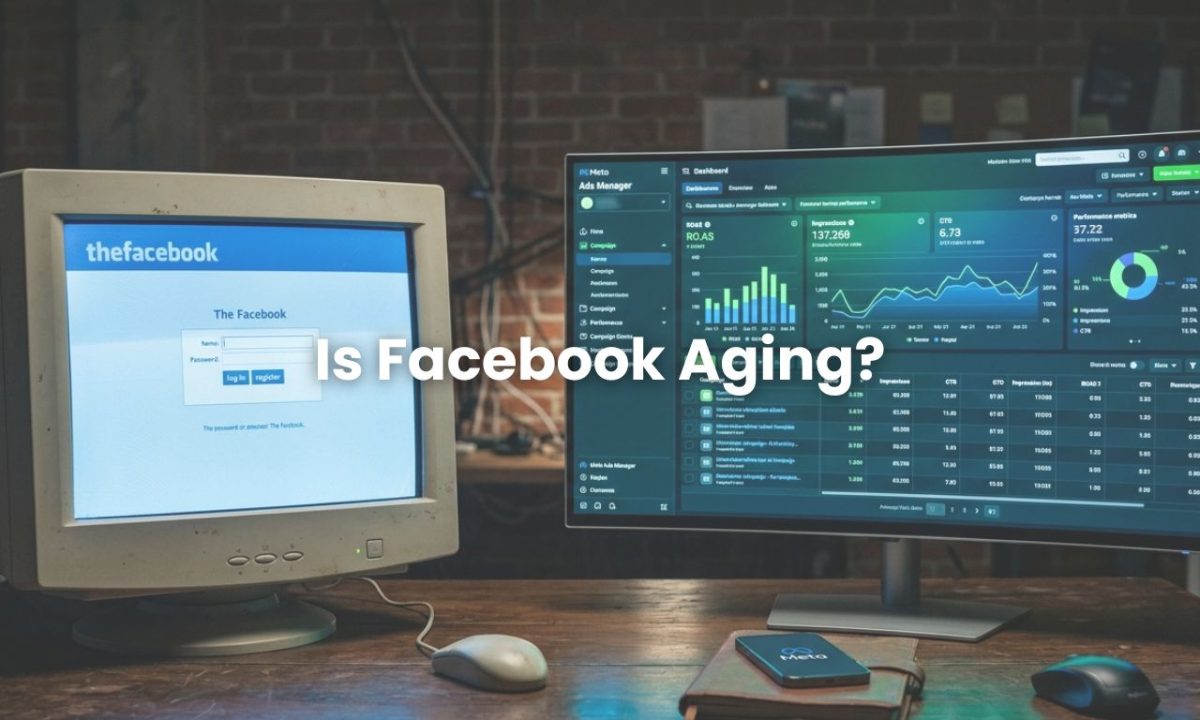 A side-by-side comparison of the original 2004 Facebook login screen and the modern 2026 Meta Ads Manager, illustrating the evolution of Facebook marketing.
