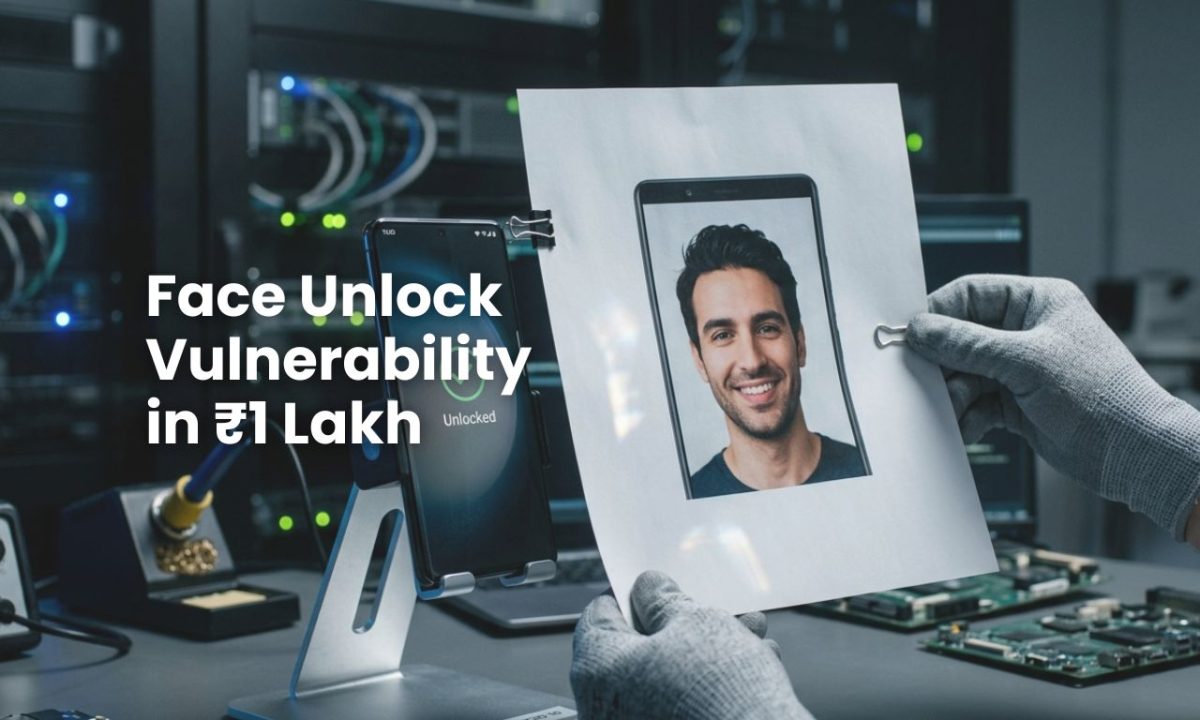 A close-up photograph of a standard printed color photo on paper being used to successfully trigger the face unlock and gain access to a premium ₹1 Lakh Android phone, illustrating the primary face unlock vulnerability.