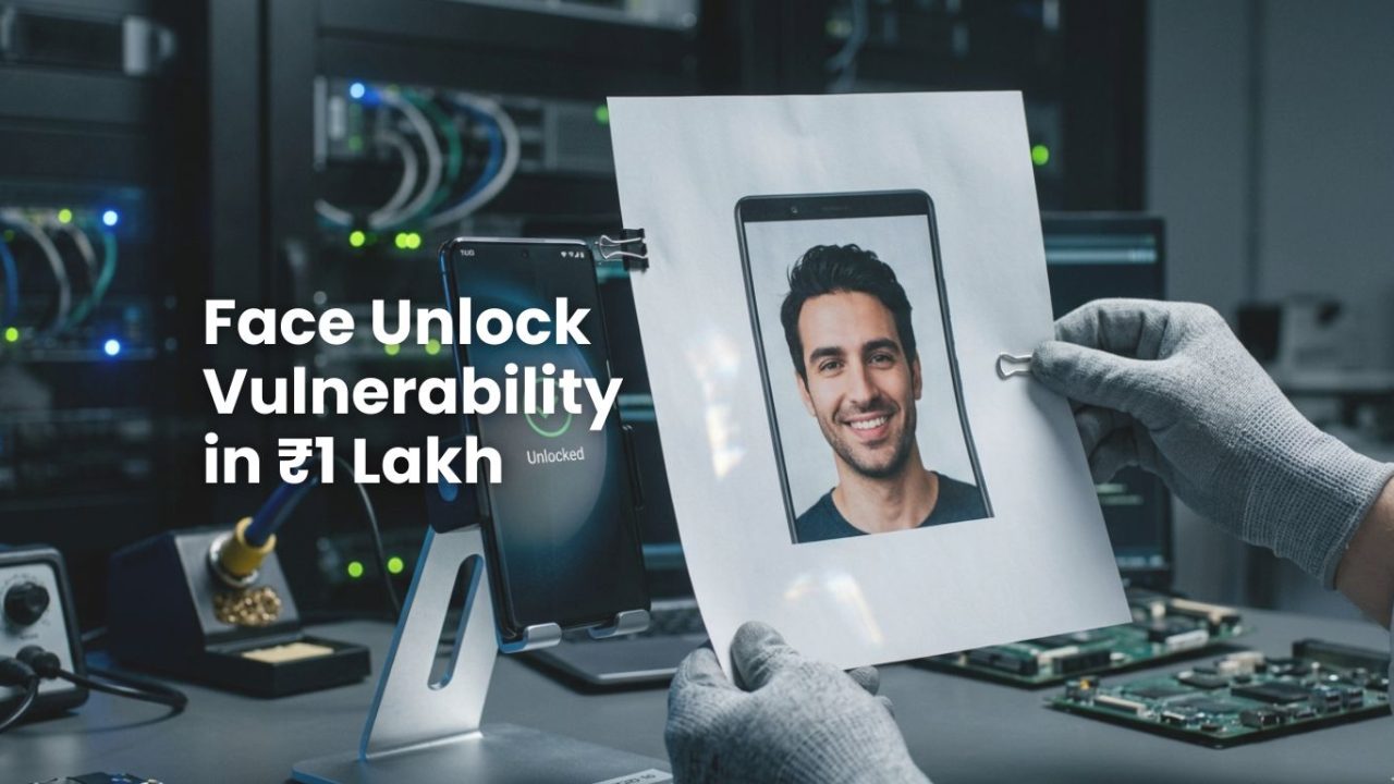 A close-up photograph of a standard printed color photo on paper being used to successfully trigger the face unlock and gain access to a premium ₹1 Lakh Android phone, illustrating the primary face unlock vulnerability.