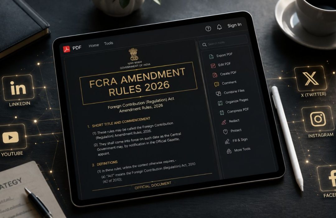 A modern tablet displaying the official text of the FCRA Amendment Rules 2026 next to social media connection icons, illustrating the digital disclosure laws for NGOs.