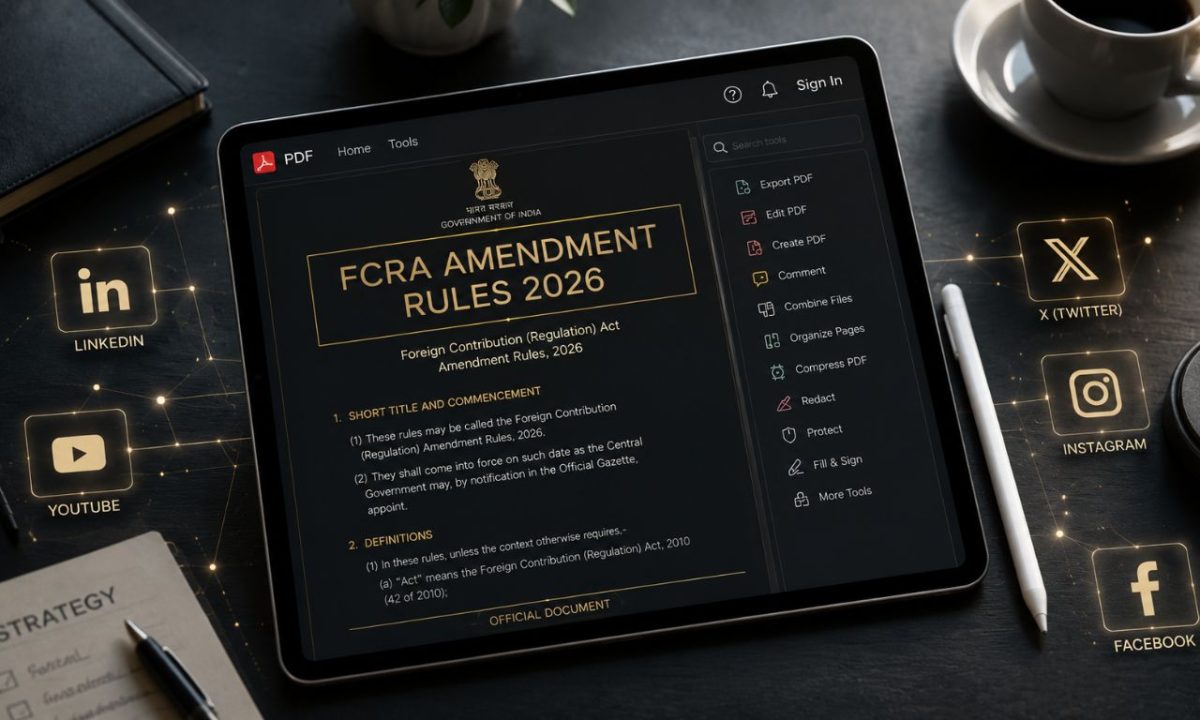 A modern tablet displaying the official text of the FCRA Amendment Rules 2026 next to social media connection icons, illustrating the digital disclosure laws for NGOs.
