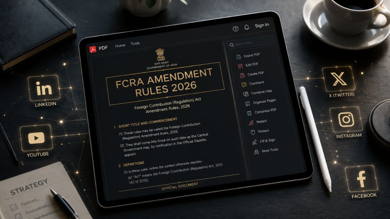 A modern tablet displaying the official text of the FCRA Amendment Rules 2026 next to social media connection icons, illustrating the digital disclosure laws for NGOs.