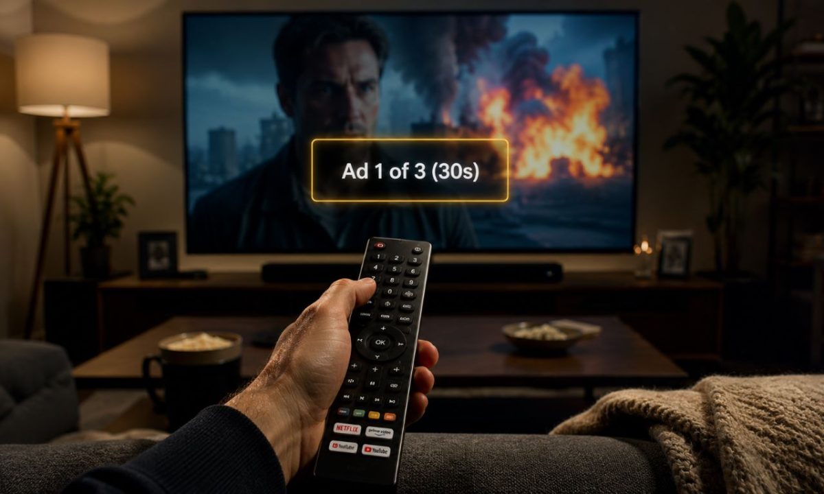 A frustrated viewer pointing a remote control at a smart TV displaying a programmatic commercial countdown, illustrating the realities of ad-supported streaming.