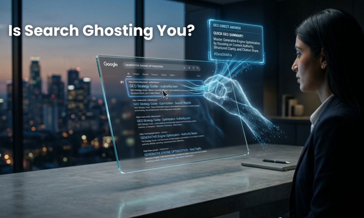 A cinematic photograph illustrating a translucent AI 'data hand' extracting an answer from a search engine result without clicking the link, defining the challenge of Generative Engine Optimization in the zero-click era.