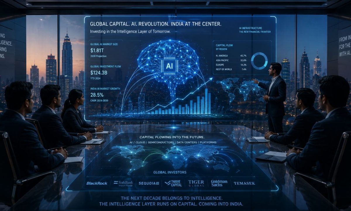 A modern corporate boardroom with a futuristic digital holographic display of financial data and a neural network, illustrating global AI investment for business.