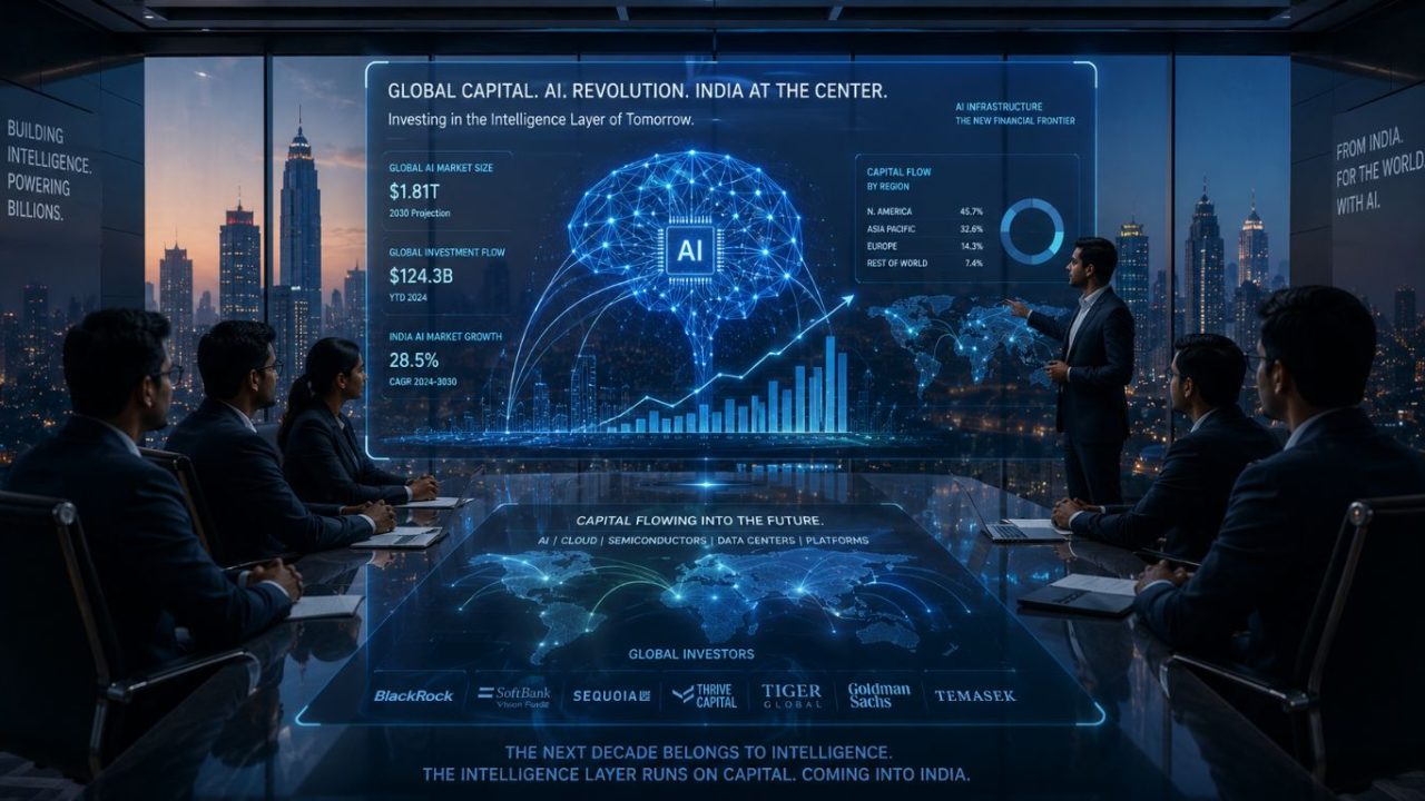 A modern corporate boardroom with a futuristic digital holographic display of financial data and a neural network, illustrating global AI investment for business.