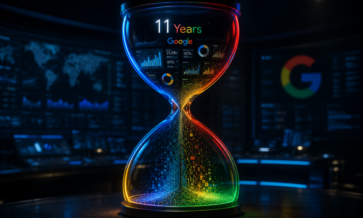 A digital hourglass representing the Google Ads data retention policy and the urgent need to save 11 years of historical data.
