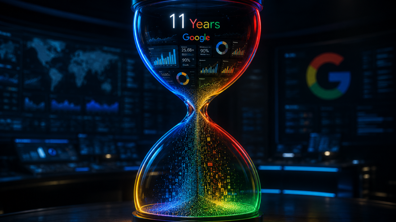 A digital hourglass representing the Google Ads data retention policy and the urgent need to save 11 years of historical data.