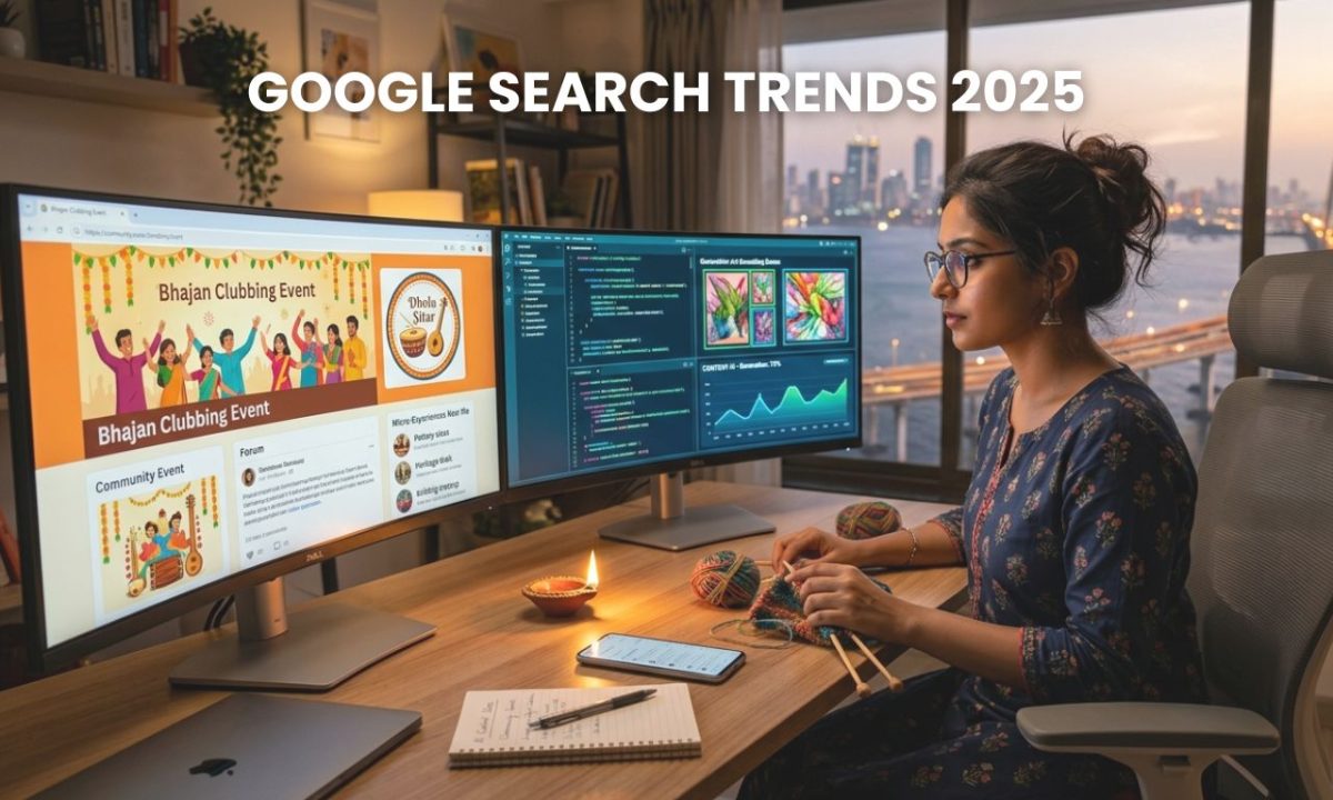 A composite photograph illustrating Google search trends India 2025, contrasting a young professional's dual-monitor setup showing AI coding and digital content tools next to a screen about "Bhajan Clubbing" and cultural experiences.