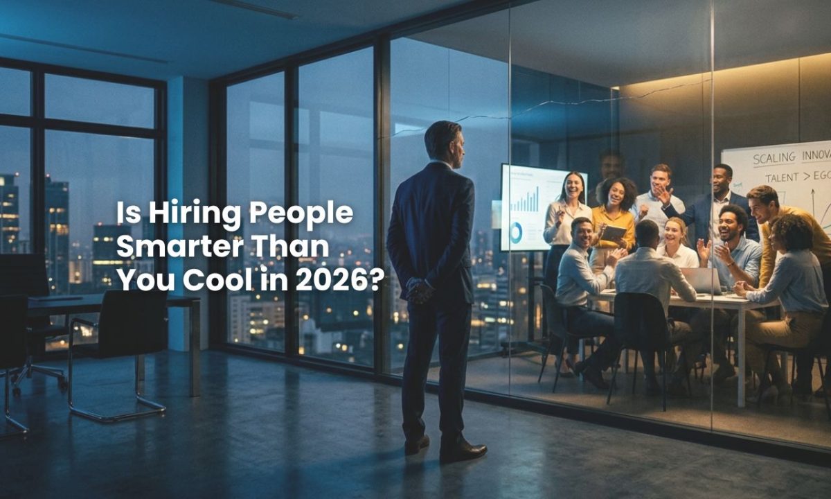 A cinematic shot of a founder looking at a reflection of a high-performing team, representing the challenge of hiring people smarter than you and breaking the leadership ceiling.