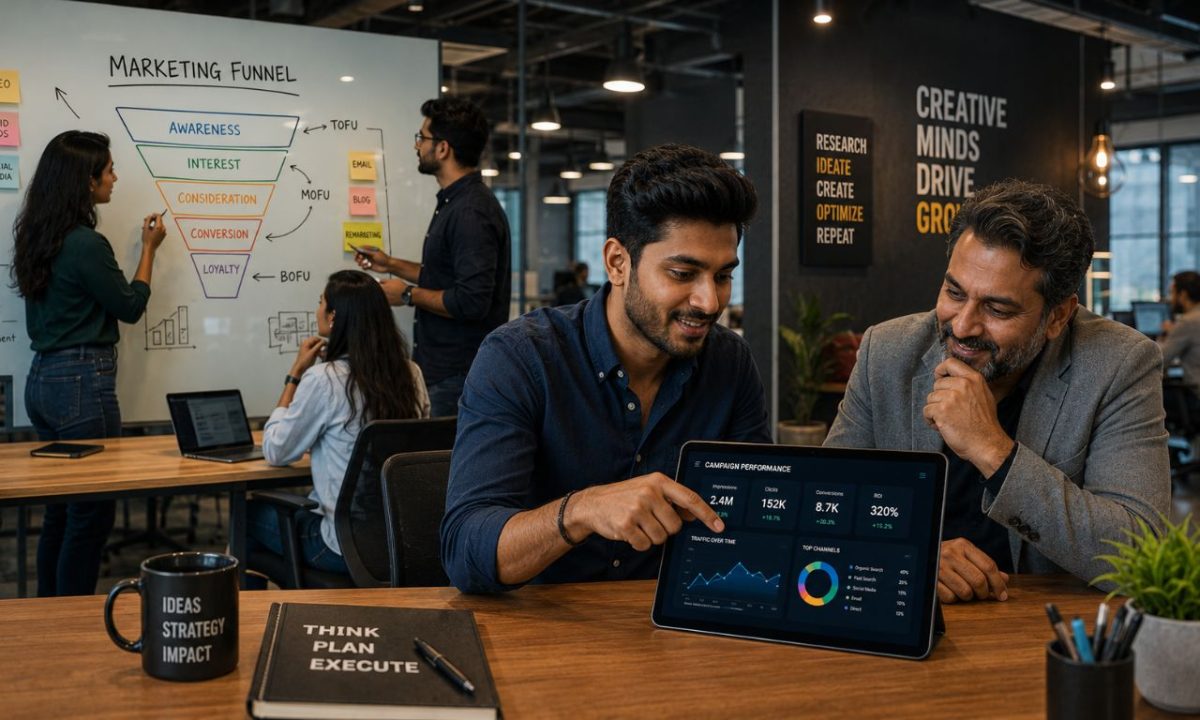 An open-concept creative office highlighting how in-person collaboration shapes the impact of remote work on career growth.