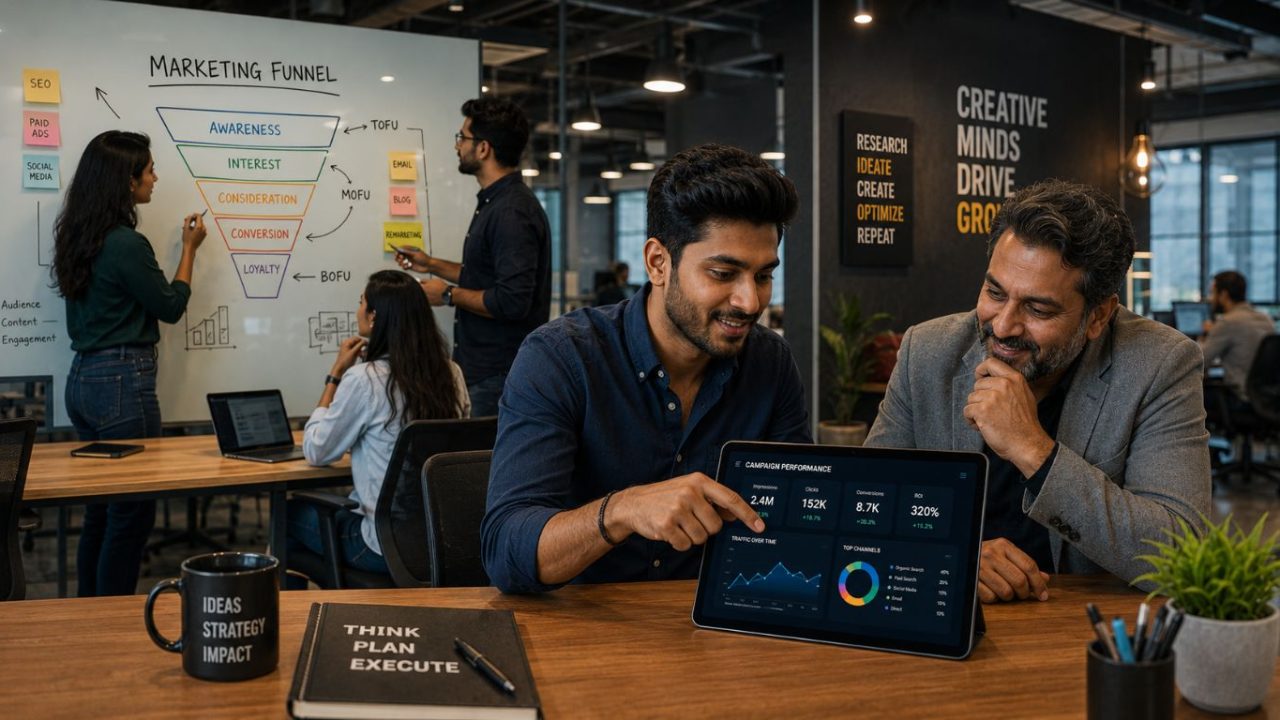 An open-concept creative office highlighting how in-person collaboration shapes the impact of remote work on career growth.