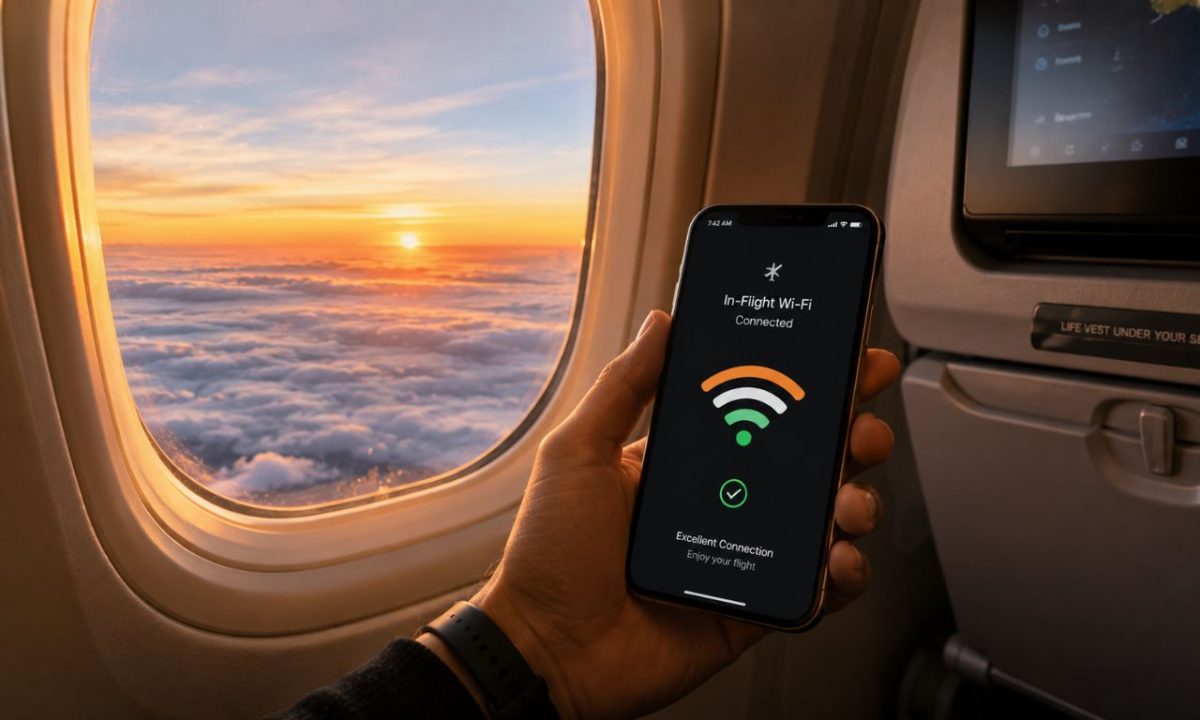 A passenger inside an airplane cabin holding a connected smartphone displaying active in-flight Wi-Fi in India.