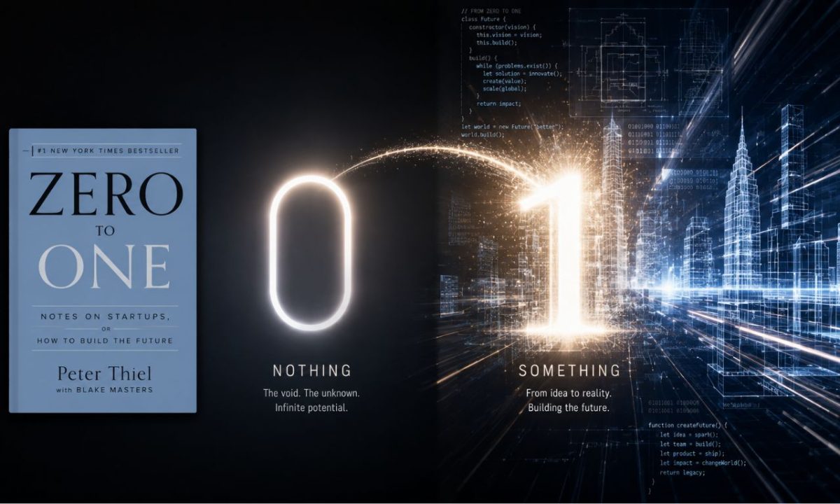 A minimalist conceptual graphic depicting the transition from zero to one Peter Thiel innovation framework with glowing digital typography.