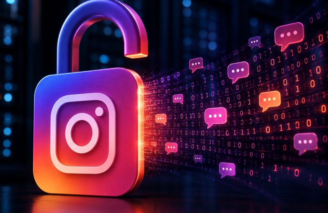 A visual representation of the Instagram end-to-end encryption update showing a digital lock opening to reveal conversation data.