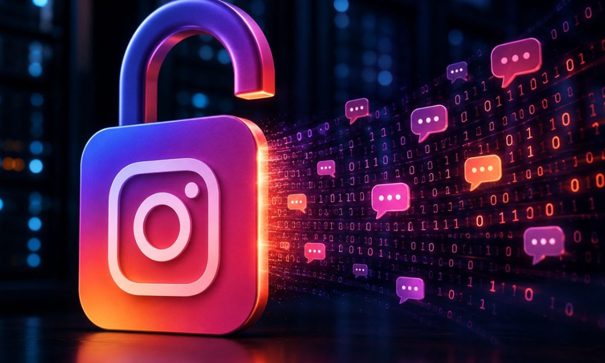 A visual representation of the Instagram end-to-end encryption update showing a digital lock opening to reveal conversation data.