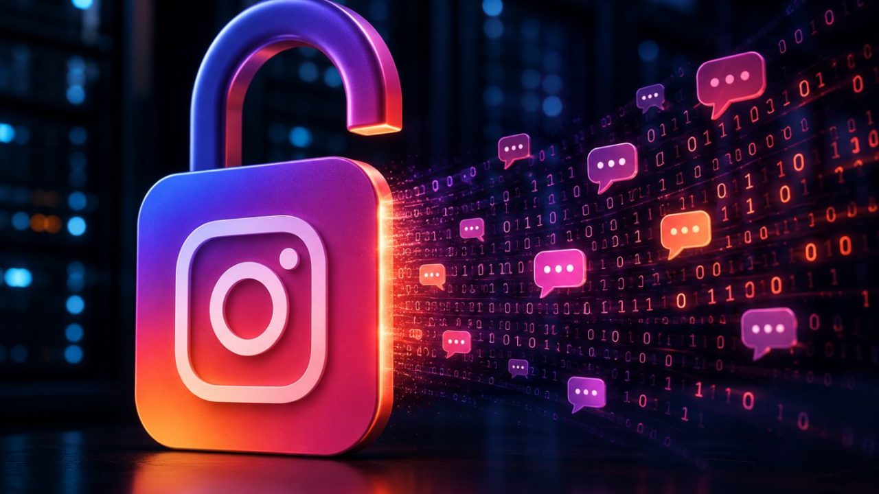 A visual representation of the Instagram end-to-end encryption update showing a digital lock opening to reveal conversation data.