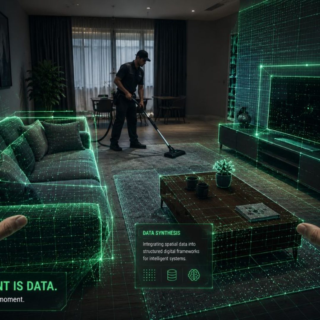 A holographic 3D architectural rendering mapping a domestic living room layout, capturing how real-world environments generate physical ai training data.