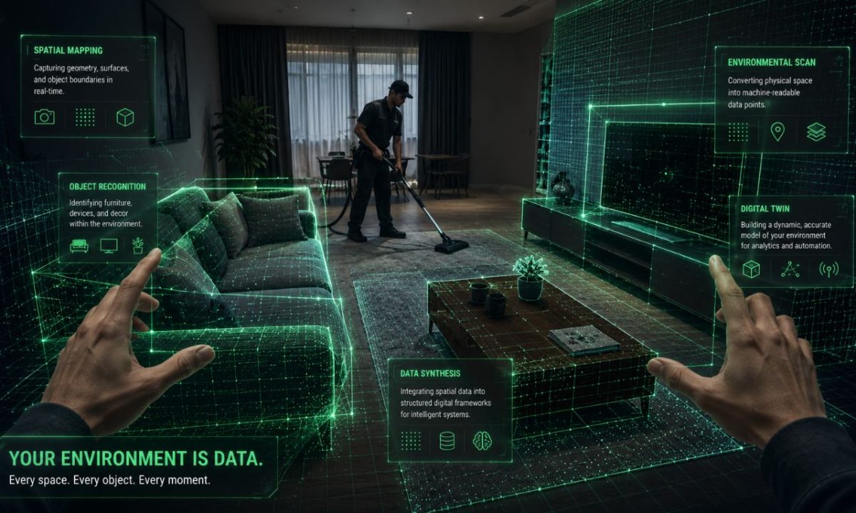 A holographic 3D architectural rendering mapping a domestic living room layout, capturing how real-world environments generate physical ai training data.