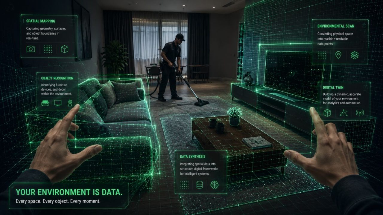 A holographic 3D architectural rendering mapping a domestic living room layout, capturing how real-world environments generate physical ai training data.