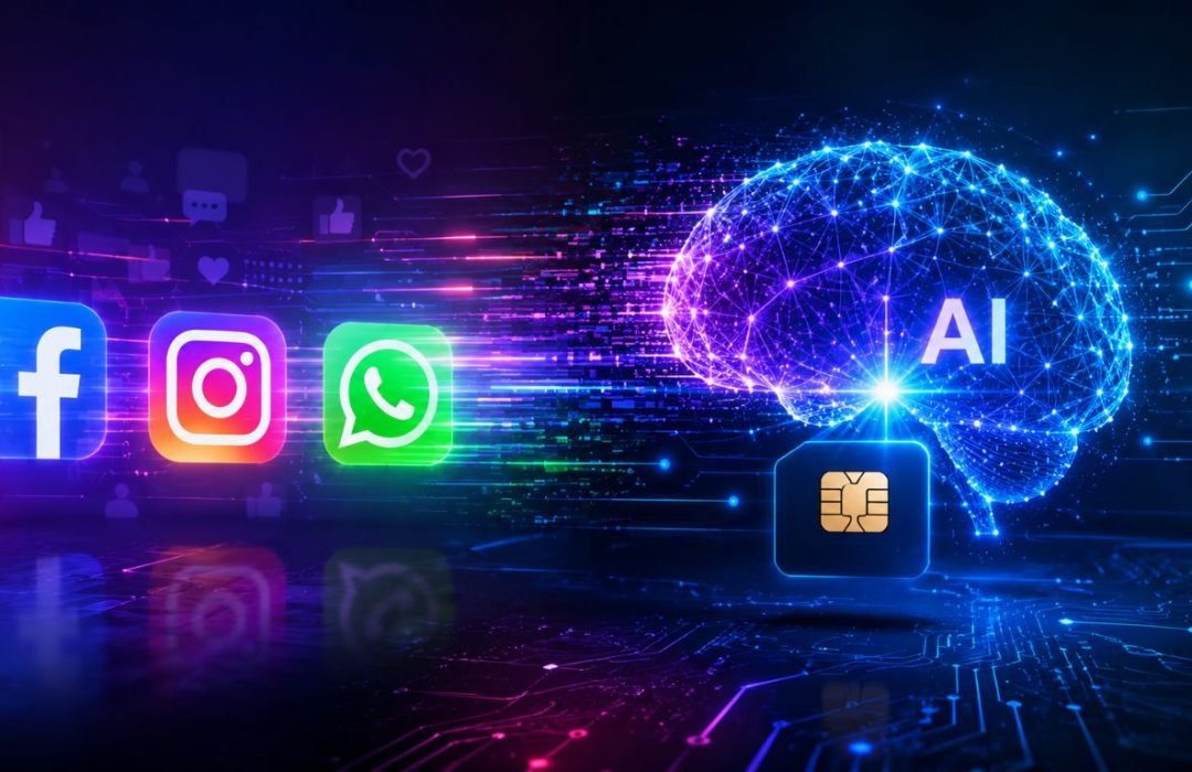 A conceptual digital artwork illustrating the shift toward a paid Meta AI subscription model, showing social media icons transitioning into premium AI technology.