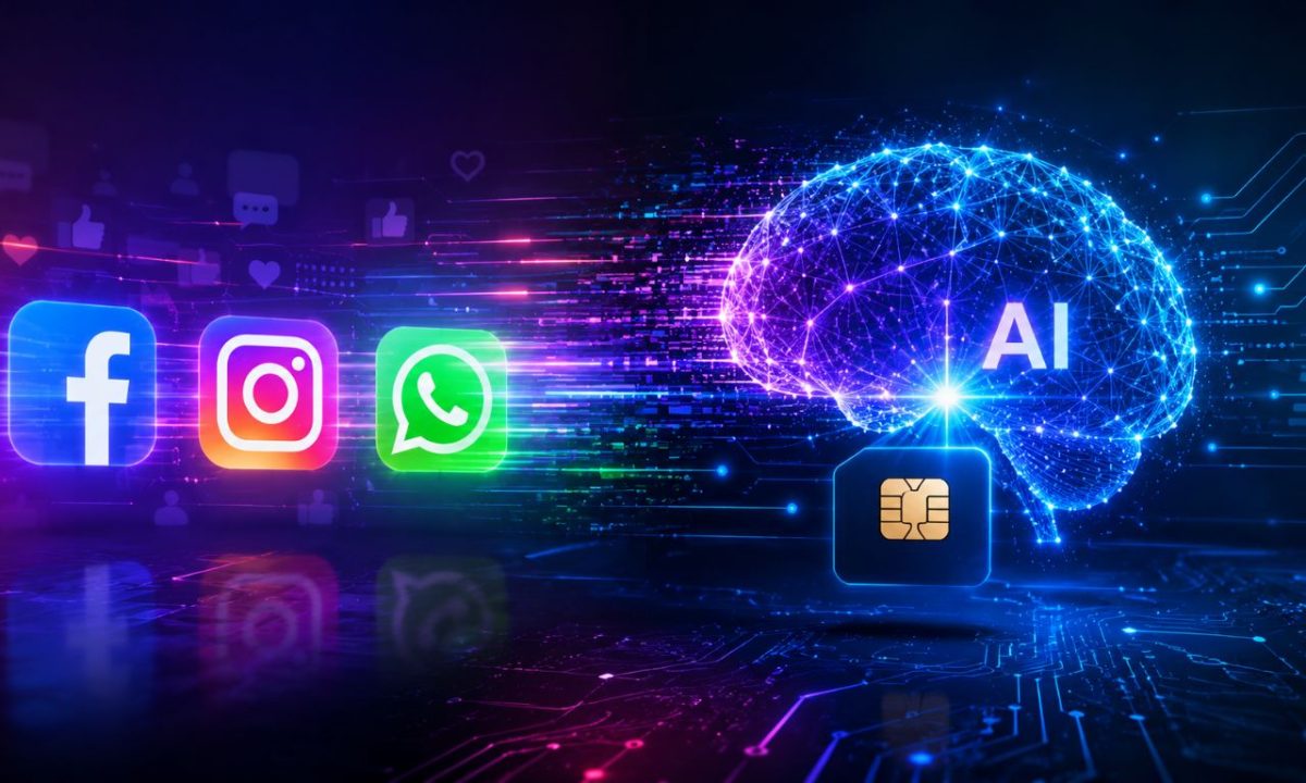 A conceptual digital artwork illustrating the shift toward a paid Meta AI subscription model, showing social media icons transitioning into premium AI technology.