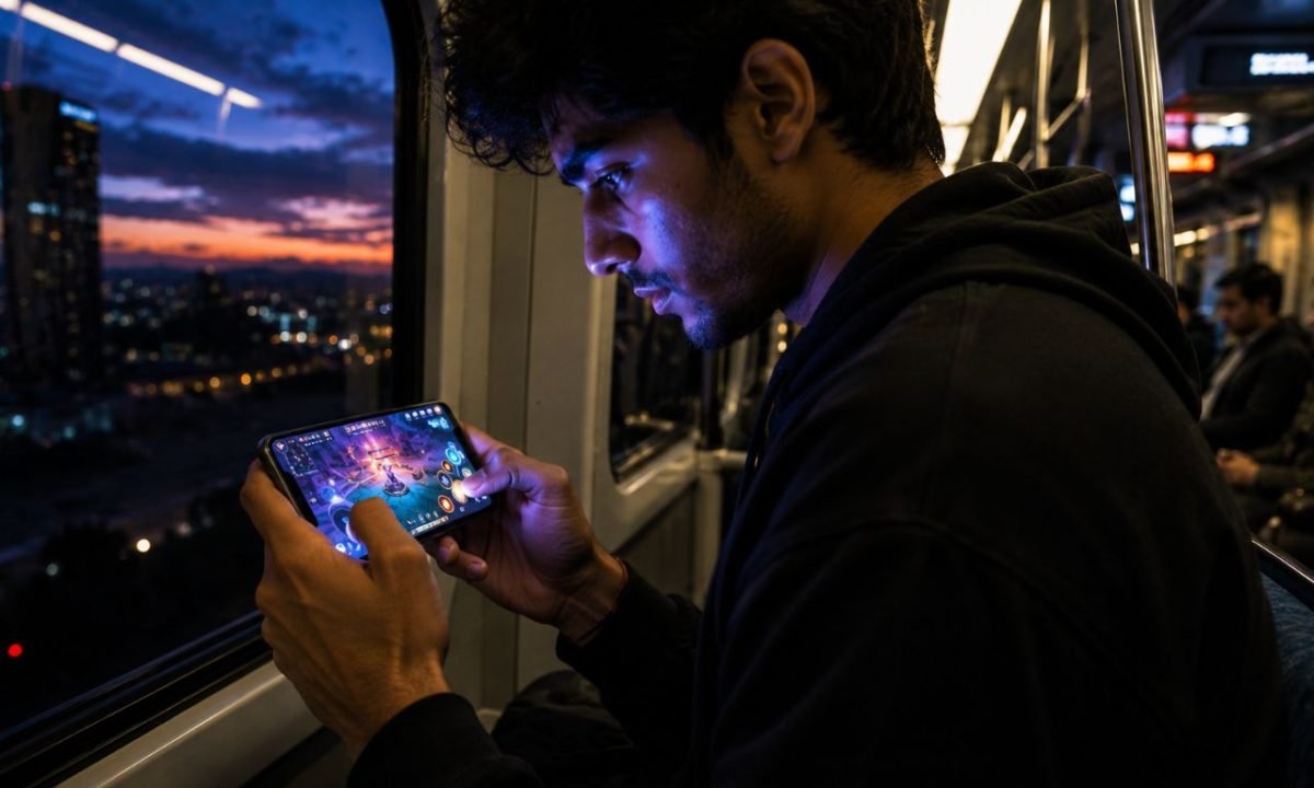 A commuter playing an immersive mobile game on their smartphone, illustrating the consumer reach of the gaming industry in India.