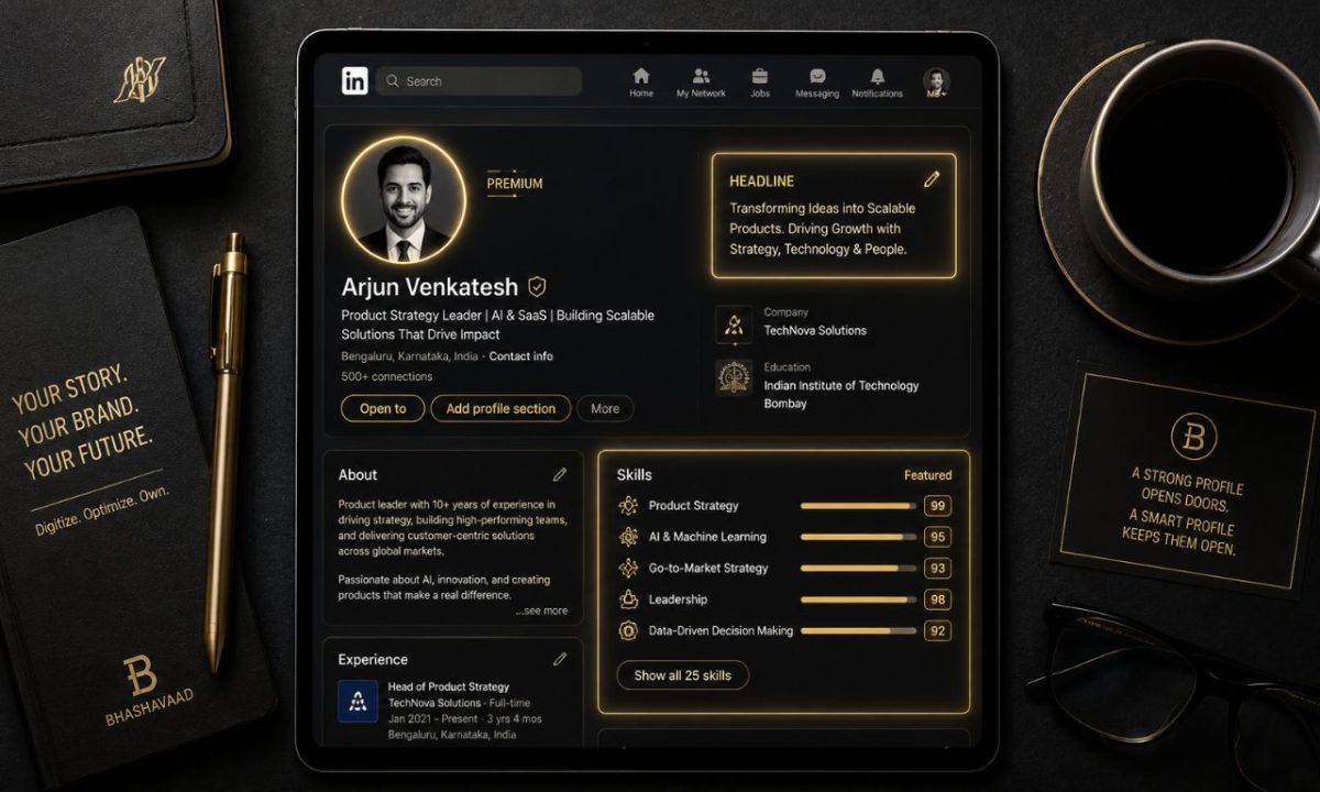 A premium workspace tablet showcasing an optimized professional profile layout, demonstrating the value of LinkedIn profile optimization.