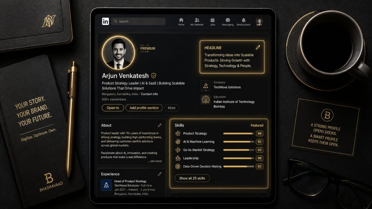 A premium workspace tablet showcasing an optimized professional profile layout, demonstrating the value of LinkedIn profile optimization.