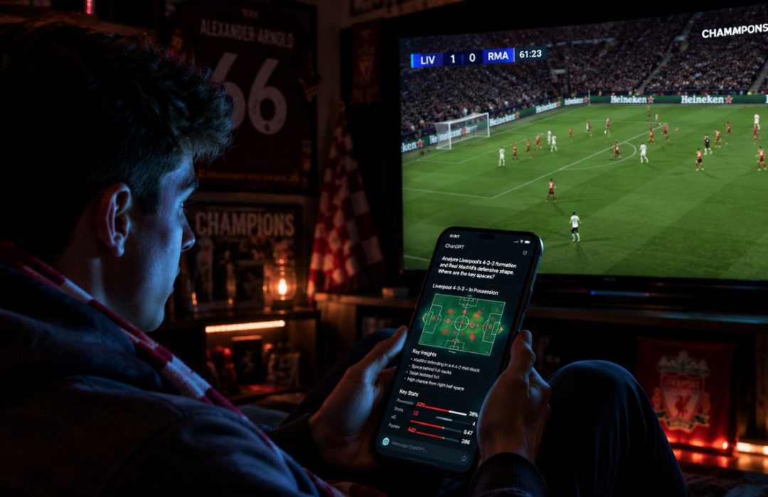 A sports fan using a smartphone chatbot to analyze real-time soccer stats, illustrating the power of AI in sports marketing.
