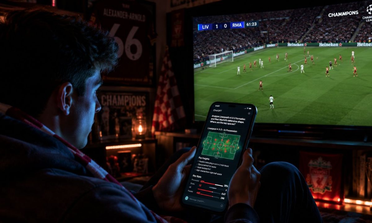 A sports fan using a smartphone chatbot to analyze real-time soccer stats, illustrating the power of AI in sports marketing.