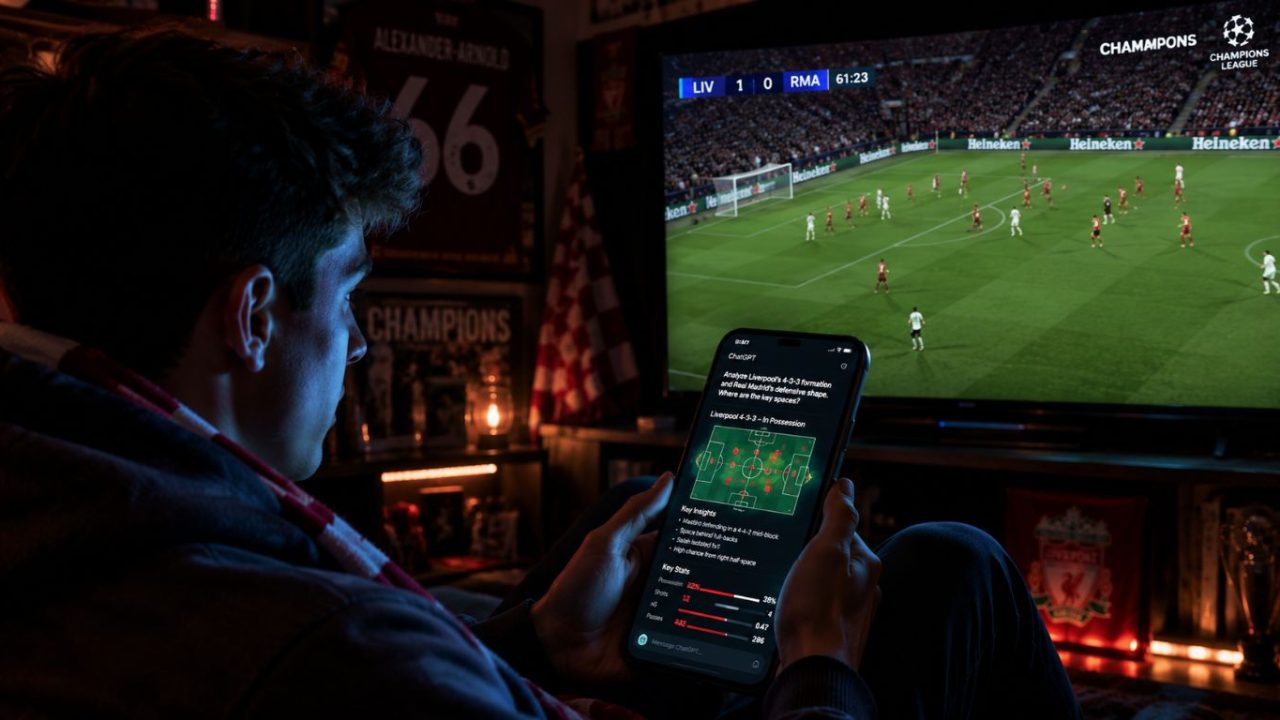 A sports fan using a smartphone chatbot to analyze real-time soccer stats, illustrating the power of AI in sports marketing.