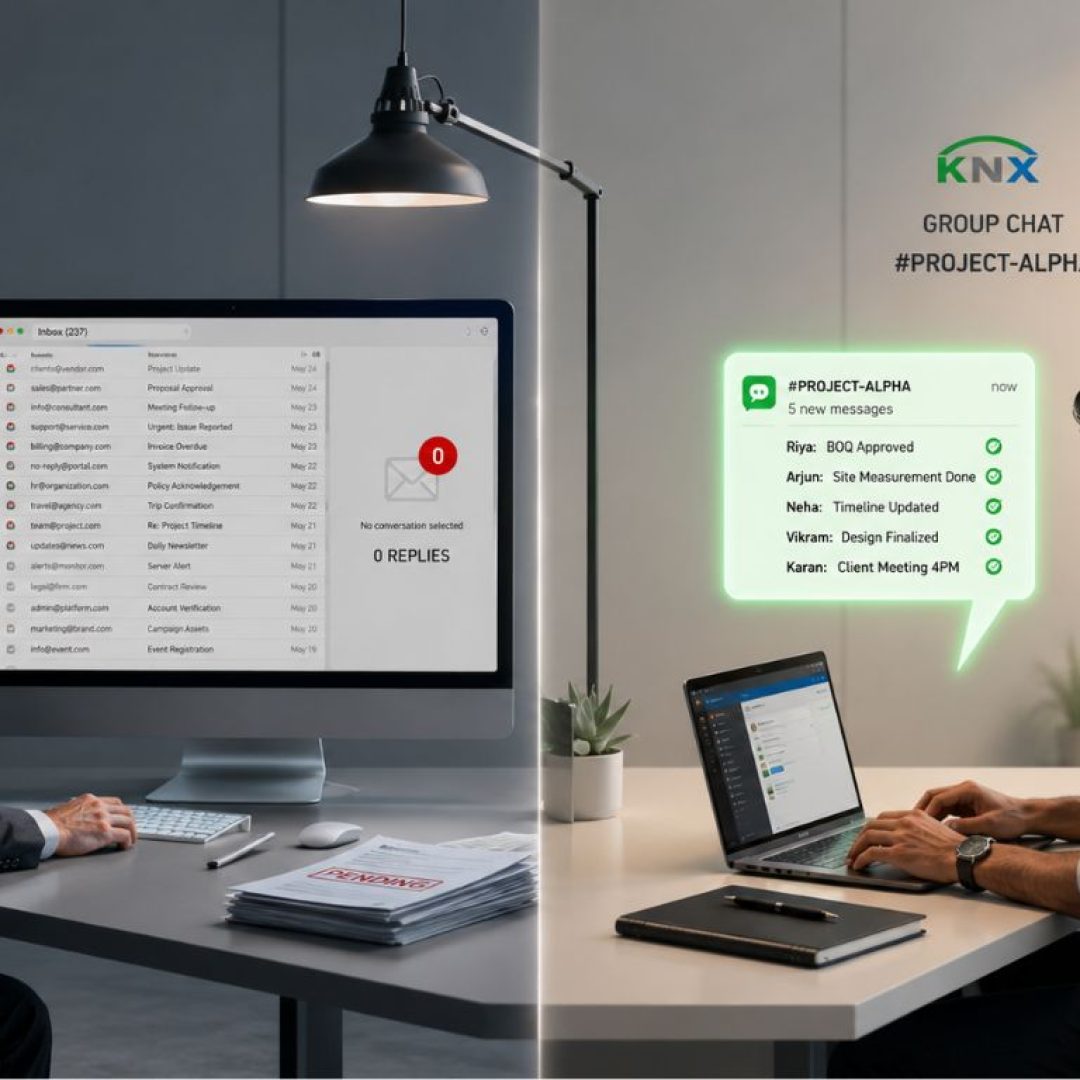 An illustration displaying a corporate desk divided by different messaging habits, capturing the evolution of modern workplace communication.