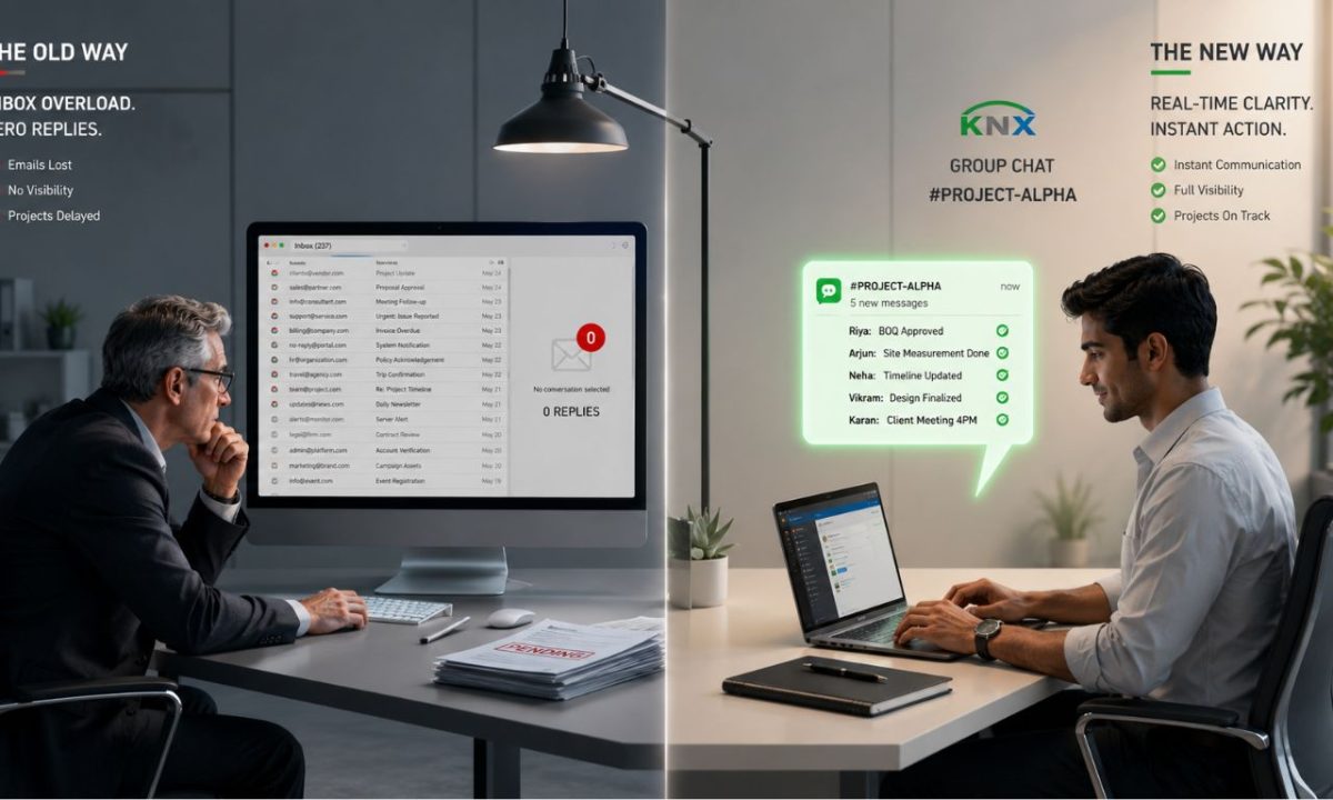 An illustration displaying a corporate desk divided by different messaging habits, capturing the evolution of modern workplace communication.